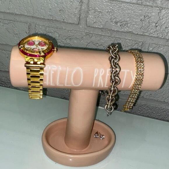 Rae Dunn ‘Hello Pretty’ Pink Ceramic Jewelry Stand - Picture 1 of 7